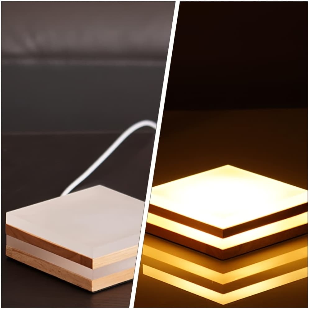 TEMU Square Wooden Art Table Lamp, Usb Power Brightness Adjustable Led Desk Light, Dimmable Solid Wood Artistic Bedside Reading Night Lighting Fixture, Office Potted Decoration Nightlight For Bedroom