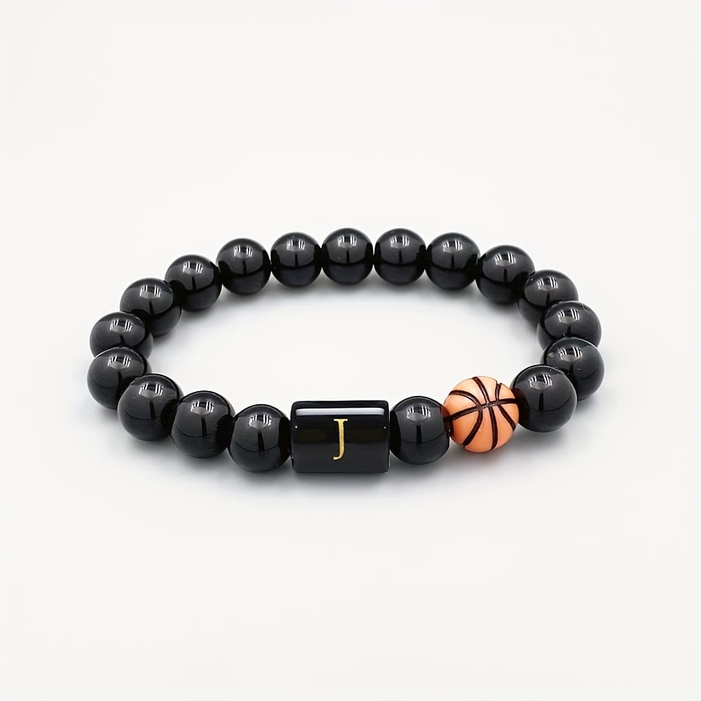 TEMU 1pc Fashionable A-z Alphabet Beaded Bracelet With Basketball Charm - Elastic Cord Wristband, Ideal For Couples & , Perfect Birthday Or Holiday Gift, Basketball Bracelet