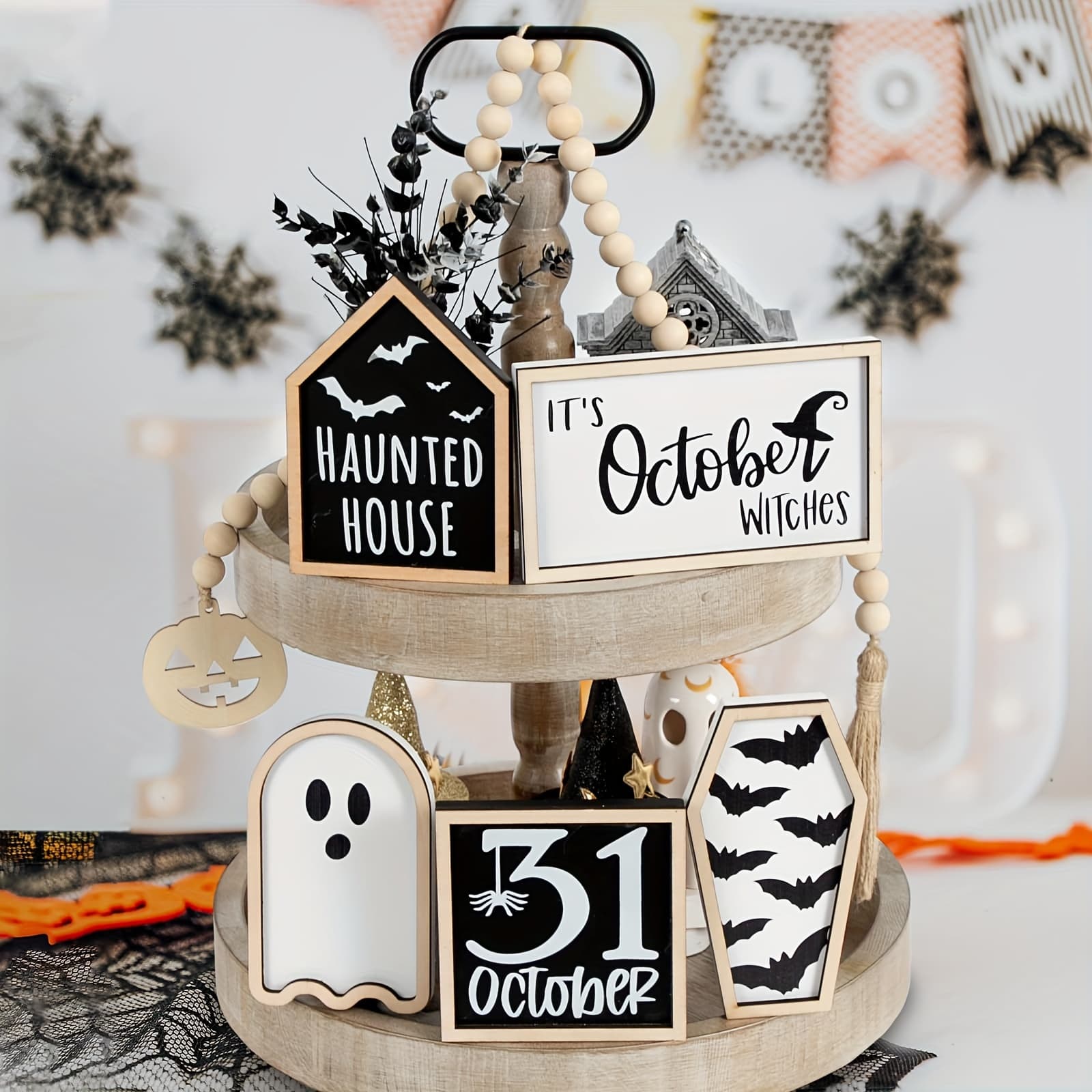 TEMU Halloween Decorations | 6pcs Halloween Tiered Tray Decor | Bat Coffin, Haunted House, , , October 31 Sign, Bead Garland | Halloween Decor | Halloween Centerpiece For Table Shelf