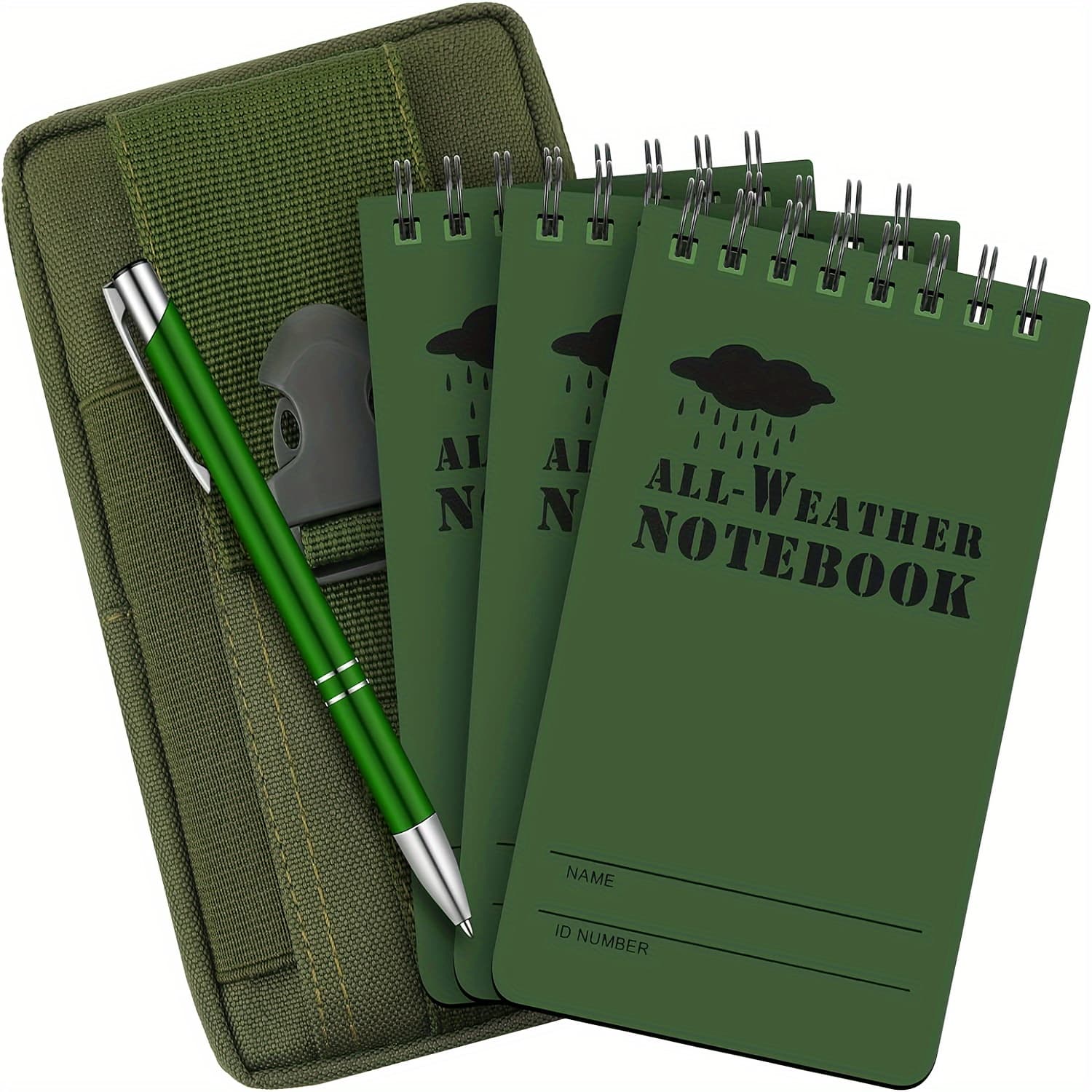TEMU Set Of 5 Notebooks And Pens Featuring 3 3x5 Inch Tactical Notebooks, A Metal Windproof Pen, And A Fabric Case Designed For Outdoor Use