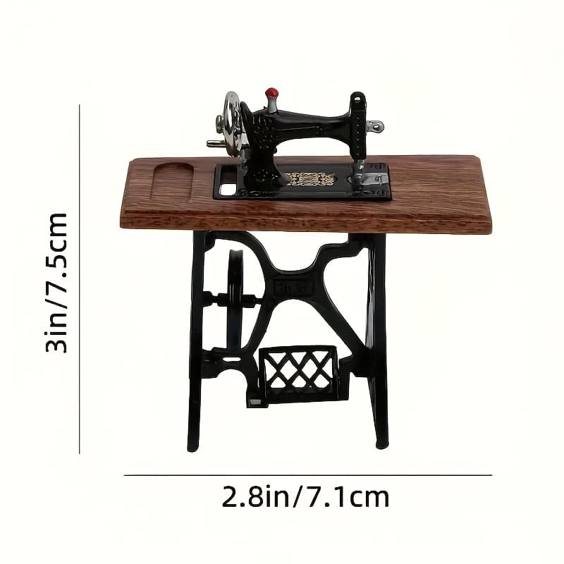 TEMU 1:12 Scale Vintage Sewing Machine Dollhouse Accessories - Black And Golden Miniature With Wooden Base, Fine And Realistic Wooden Top