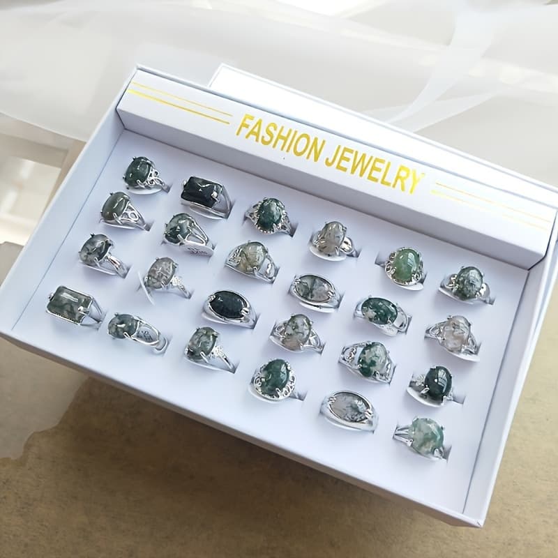 TEMU Set Of 24 Stone Rings In A Box, Featuring Agate For Engagement, Stackable Midi Rings For Girls, Wedding Promise Jewelry Gifts For Women