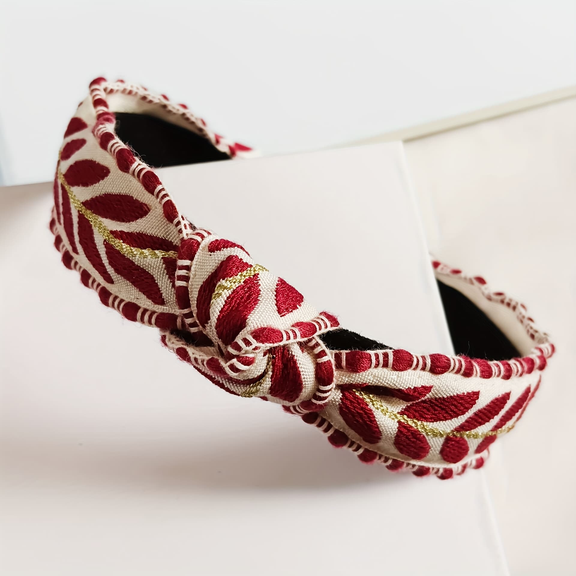 TEMU 1pc Bohemian Knotted Headband Hair Hoop With Embroidered Leaf Design, Vintage Hair Accessory For Face Washing And Hair Styling, Suitable For Daily And Party Wear, Stylish And Cute Hair Accessory