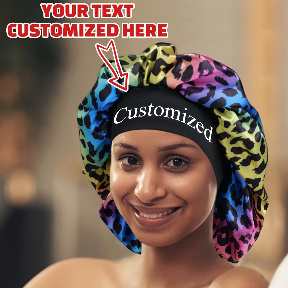 TEMU 1pc Custom Personalized Sleeping Hair Satin Bonnet With Leopard Print- Lightweight, Elastic, Polyester Hair Bonnets For Women Daily Use, For You, Ideal Gifts For Her