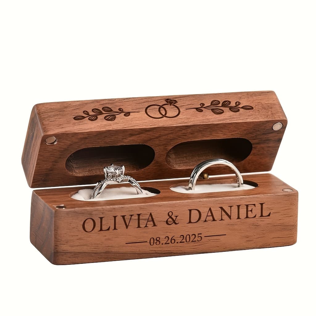 TEMU Personalized Custom Walnut Ring Box - Engraved Name And Date, Elegant , Luxurious Jewelry Gift Box, Suitable For Weddings, Anniversaries, Valentine's Day, Bridesmaid Proposals