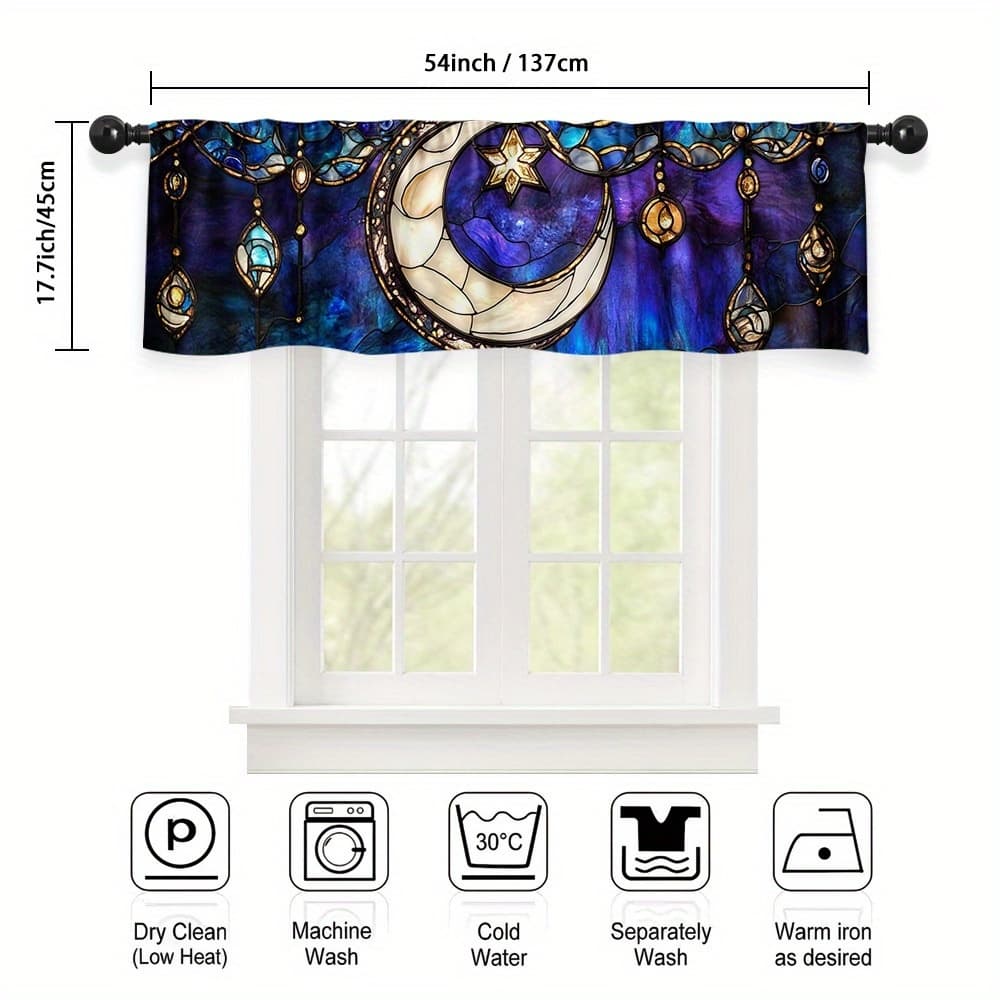 TEMU 2d Flat, 1pc Stained Glass Curtain Panel - Gothic Boho Window Valance With , Blue//purple/black/, Semi-sheer Fabric, Rod Pocket For Bathroom,, - Art, 2d Flat