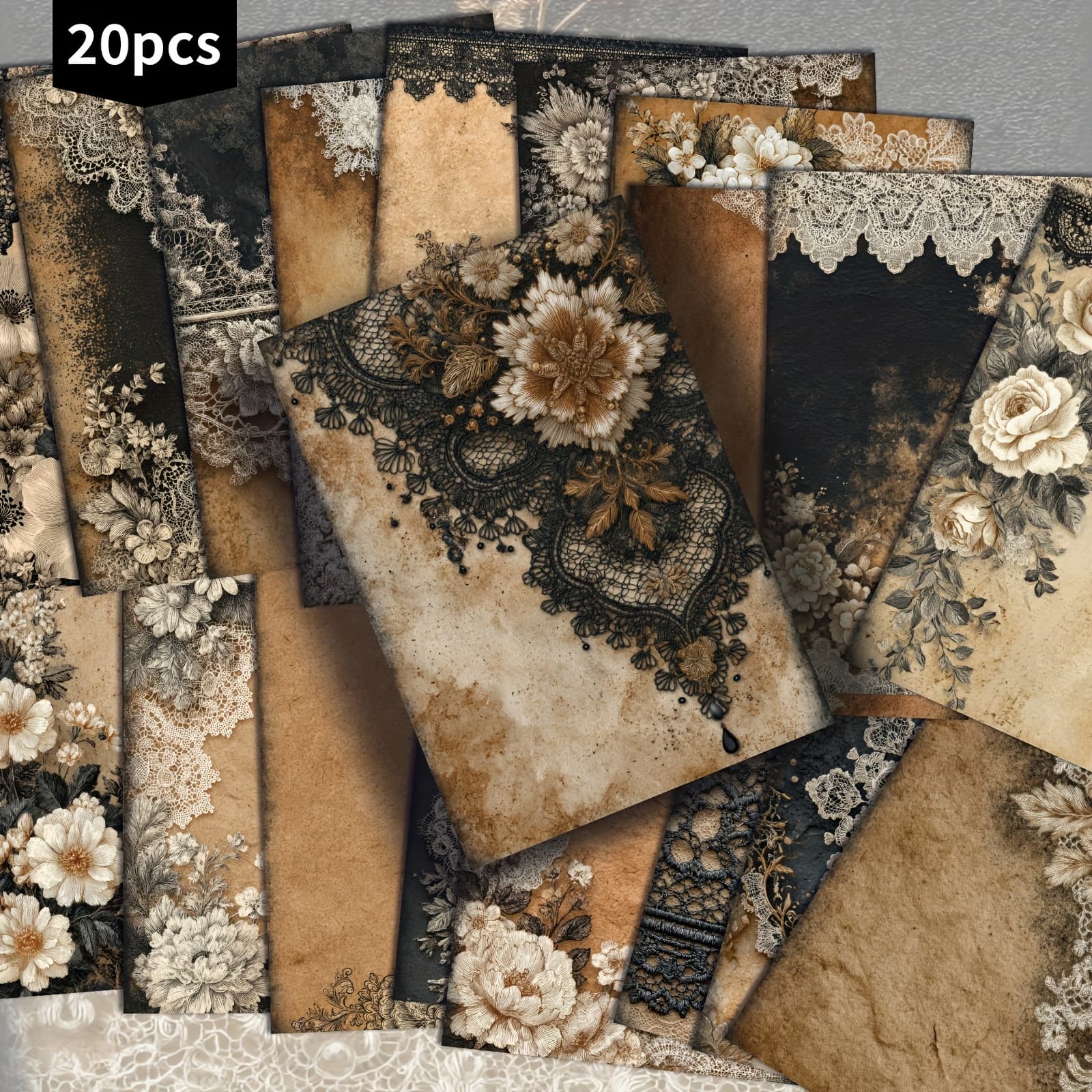 TEMU 20-pack Black White Lace Floral Postcards - 4x6 Inches Junk Journal Paper, Classic Pinup Illustrations, Collectible Decorative Painting Cards For Scrapbooking & Crafting