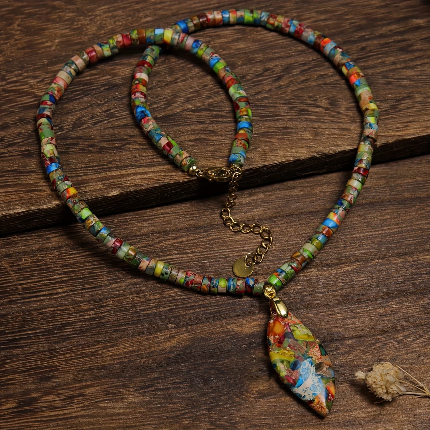 TEMU Natural Stone 1pc Retro Bohemian Colorful Drop Pendant Necklace For Ladies