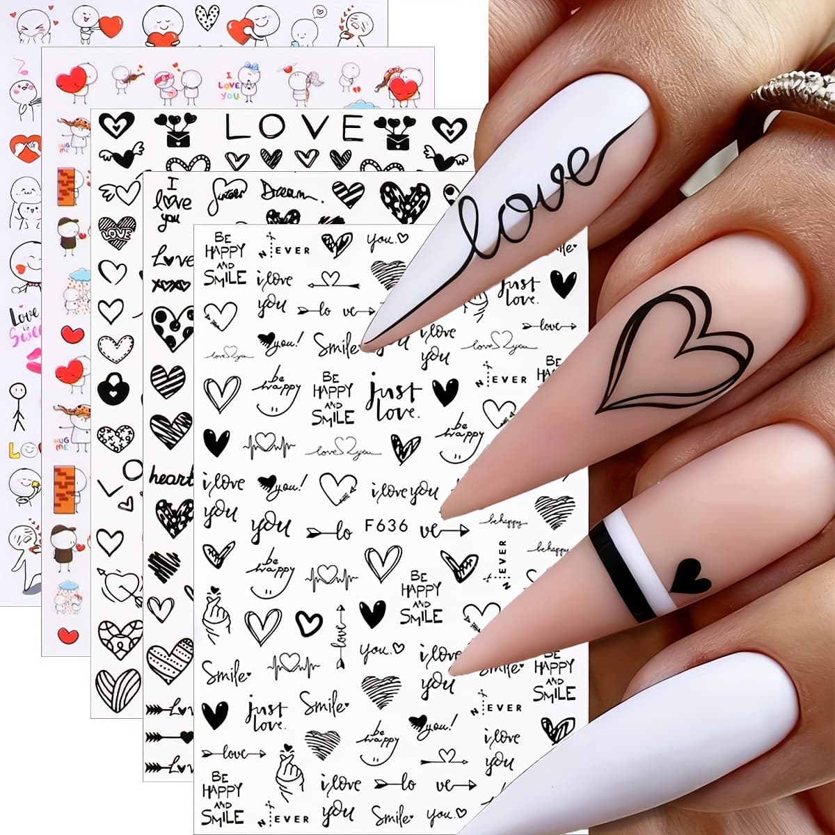 TEMU 5 Sheets 3d Valentine's Day Cute & Minimalist Nail Art Stickers - Cartoon Couple Characters, Heart Nail Art Decals For Women Diy Holiday Nail Decoration