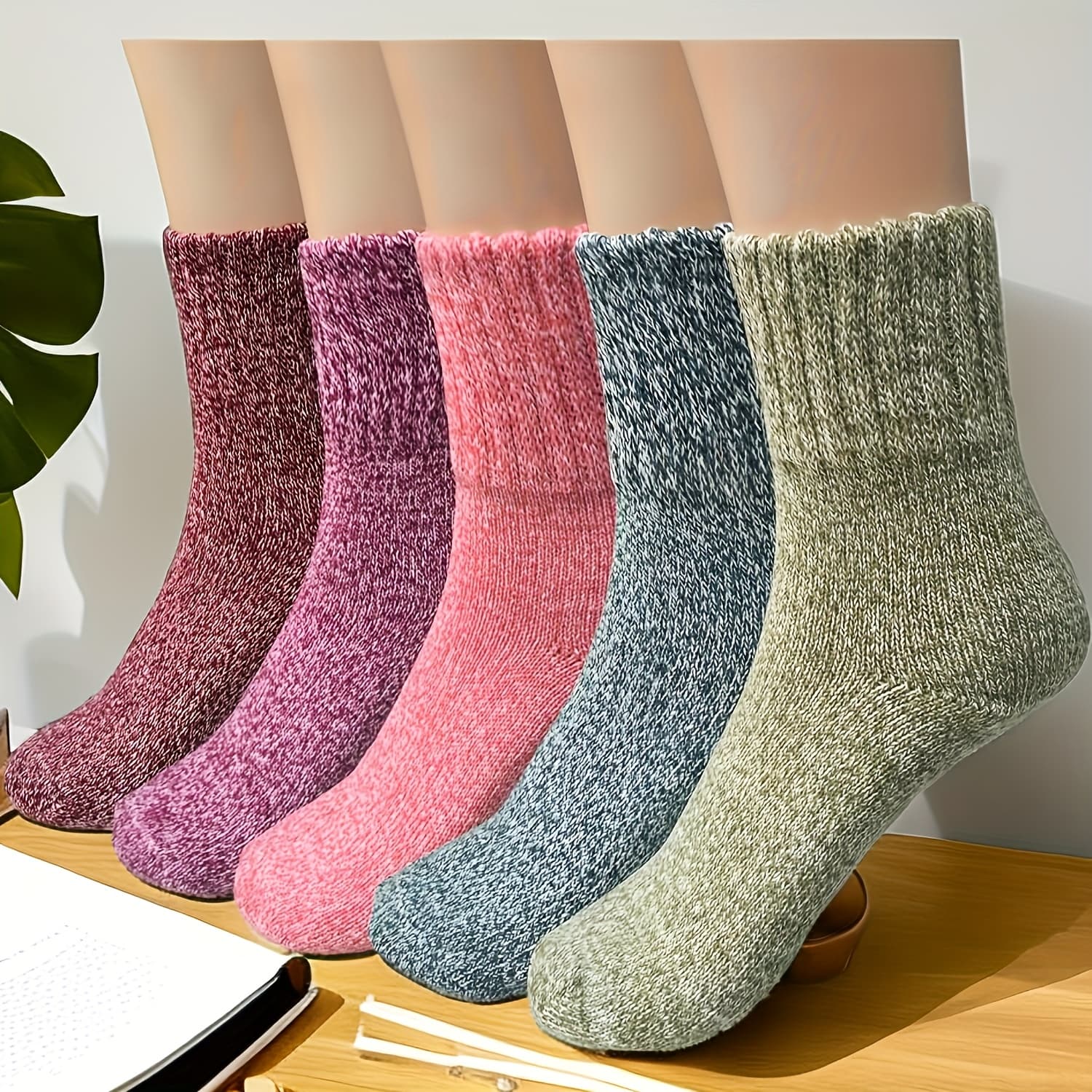 TEMU Pack Of 5 Pairs Women's Mid-calf Warm Color Thickened Ethnic Style Socks