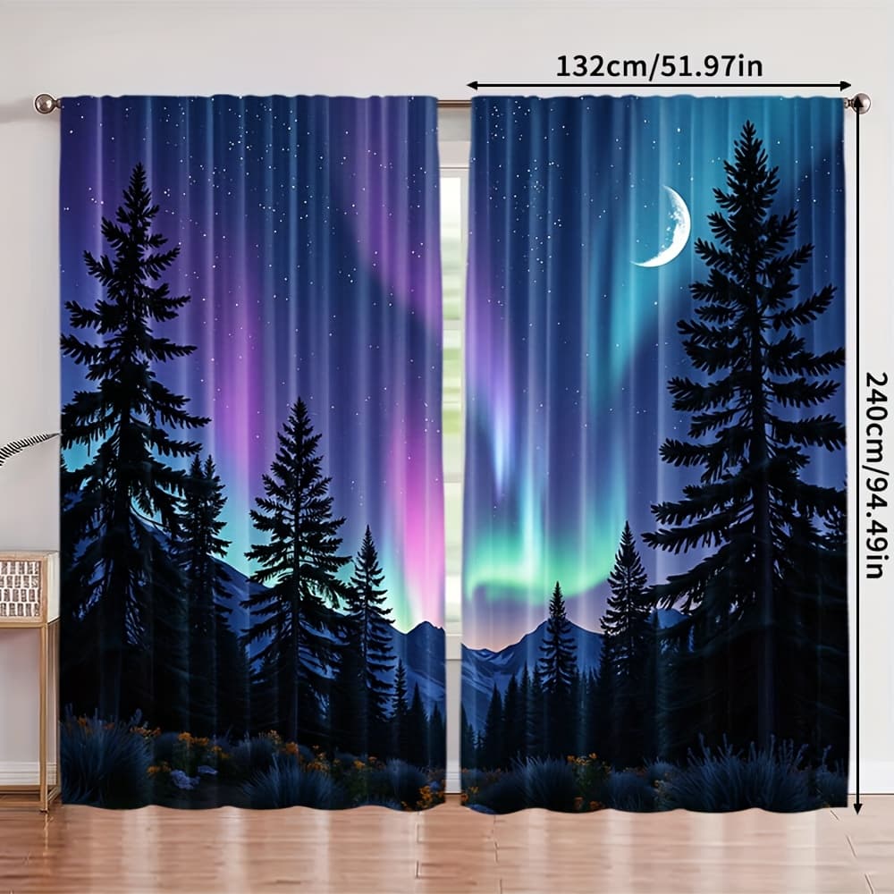TEMU 2pcs, Starry Sky And Aurora Forest All Curtains, Machine Washed Fabric (no Rods, No Batteries) Ideal For Bedroom, Living Room, Home Decoration, Room Decoration