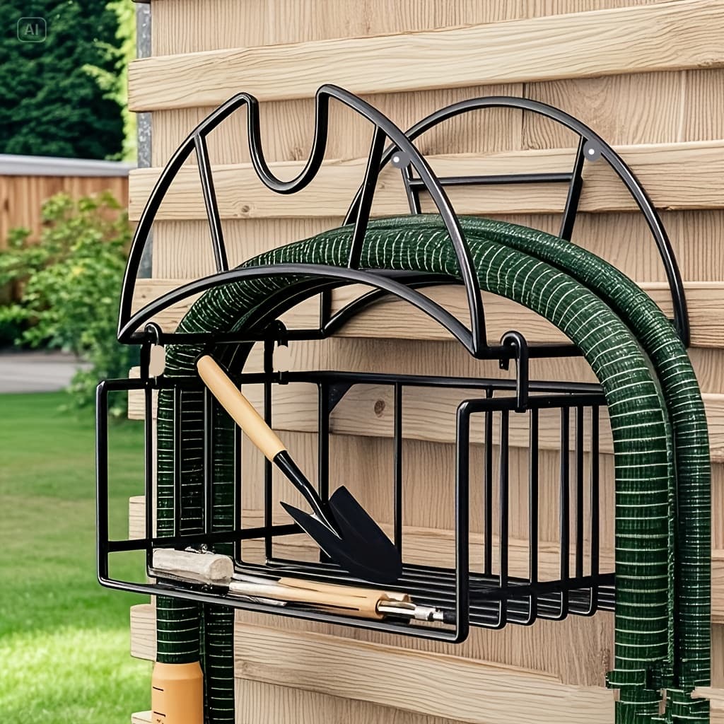TEMU Heavy-duty Metal Garden Hose Holder With Tool Storage Basket - Wall-mounted Outdoor Hose Rack For Organizing Yards, Garages, And Homes, Black, Practical Shelving