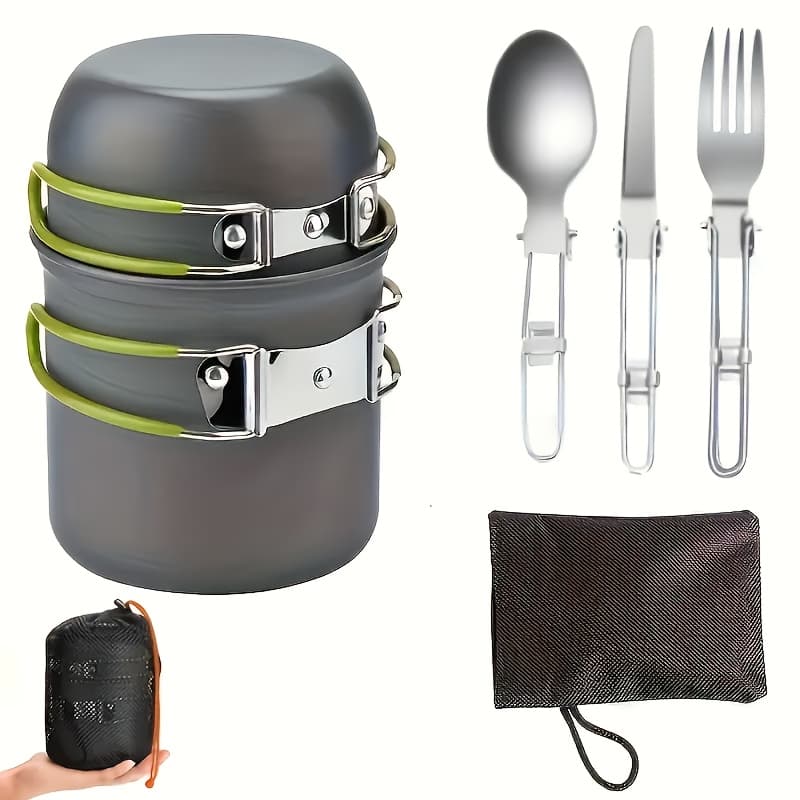 TEMU 1pc - Double Pot, Cookware Kit, Stainless Steel Utensils Set With Forks, Knives, Spoons - Portable, Space-saving, Easy-to-clean Equipment, Ideal For , Picnic, Travel, Cooking Use