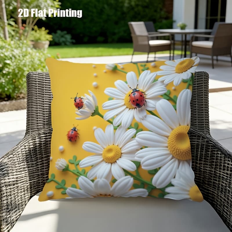 TEMU 2d Flat,terrace Cushion Cover,1pc 18x18 Inches Pillow Cover, Ladybugs Daisies.,decoration, Gifts,valentine Festival Gifts,outdoor Indoor,garden Decoration, 2d Flat