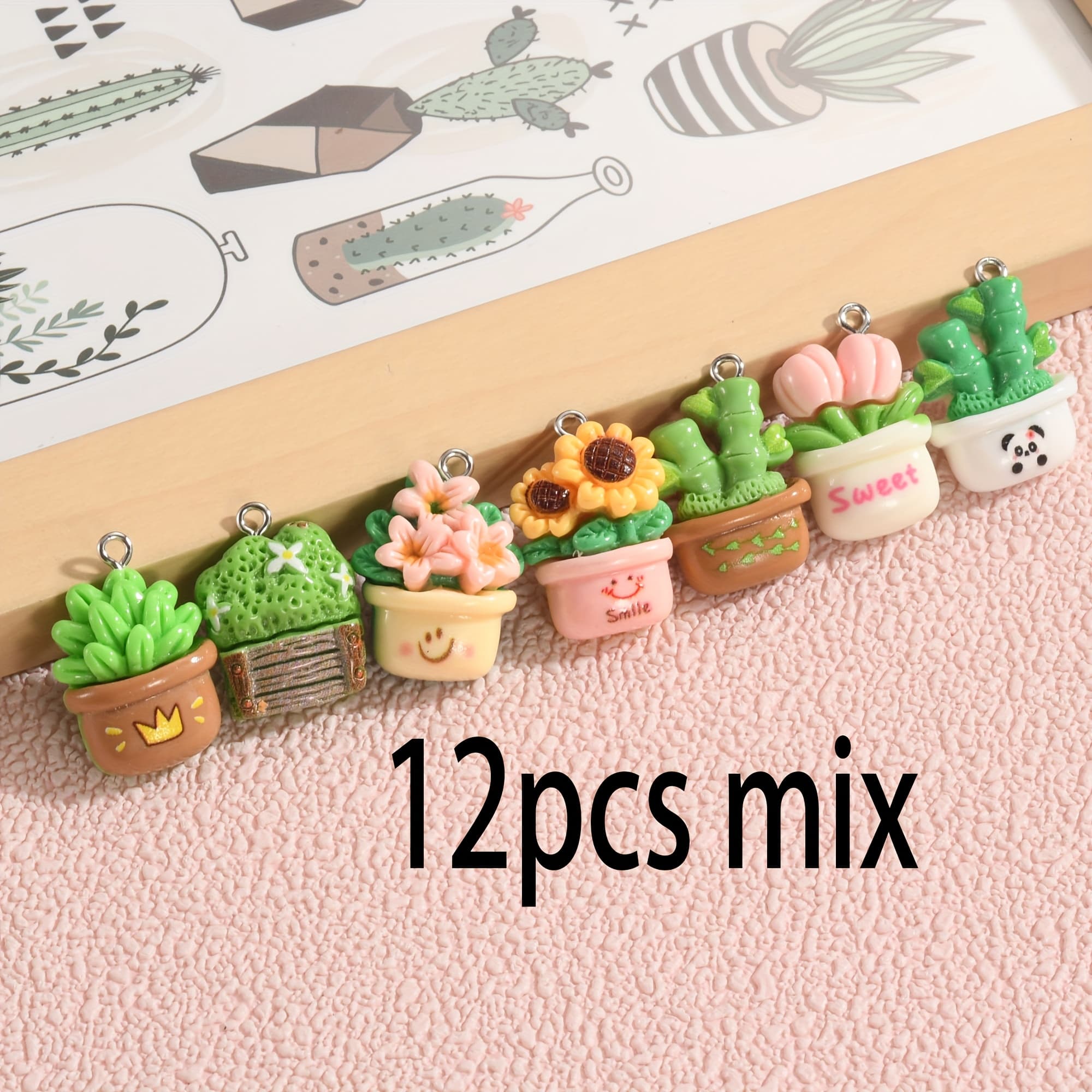 TEMU 12pcs Mix Cartoon Resin Flower Pot Pendants, Flower Pot Plant Pendants, Suitable For Necklaces, Earrings, Ideal Jewelry Making Additions