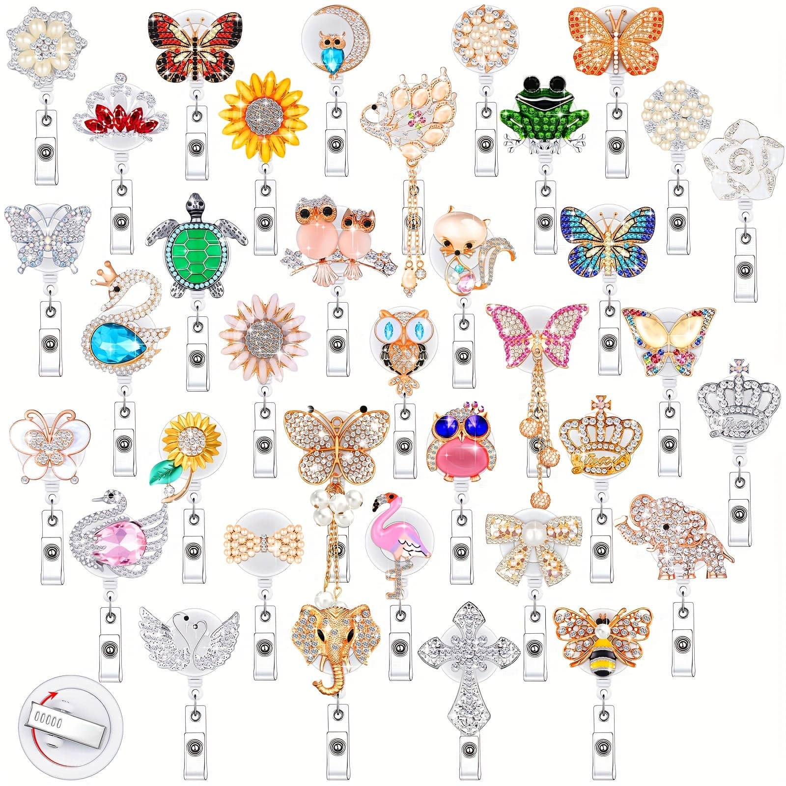 TEMU 2d 36pcs Name Badge Holder With Clip Nurse Retractable Badge Reel Crystal Animal Flower Bow Tie Cross Id Badge Clip Bling Cute Name Card Holder For Office Teachers Students Doctors Nursing