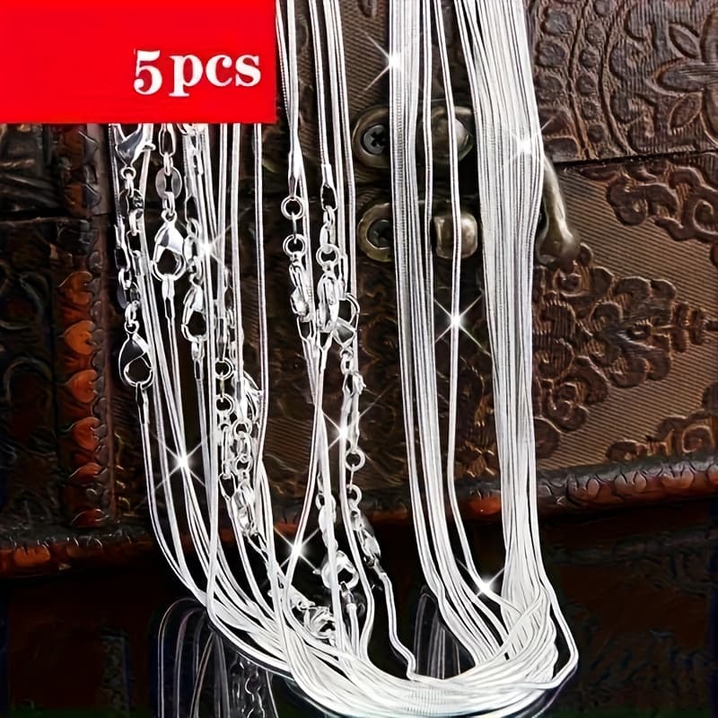 TEMU 5pcs 925 Silver Necklace - Handcrafted 1mm Round Snake Bone Necklace With And Easy Design, Suitable For - Christmas, Halloween, Valentine's Day, Anniversaries, Or As A Holiday Gift