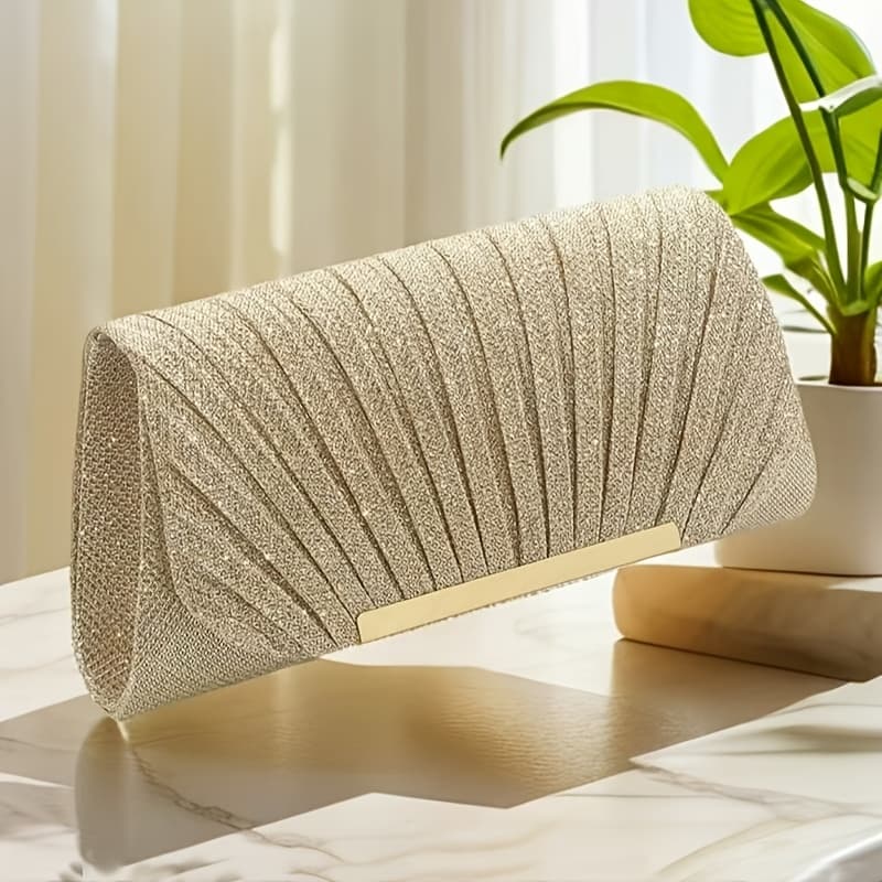 TEMU 1pc Shiny Pleated Envelope Evening Bag, Sparkling Evening Handbag, Formal Banquet Handbag, Suitable For Wedding Party Dance