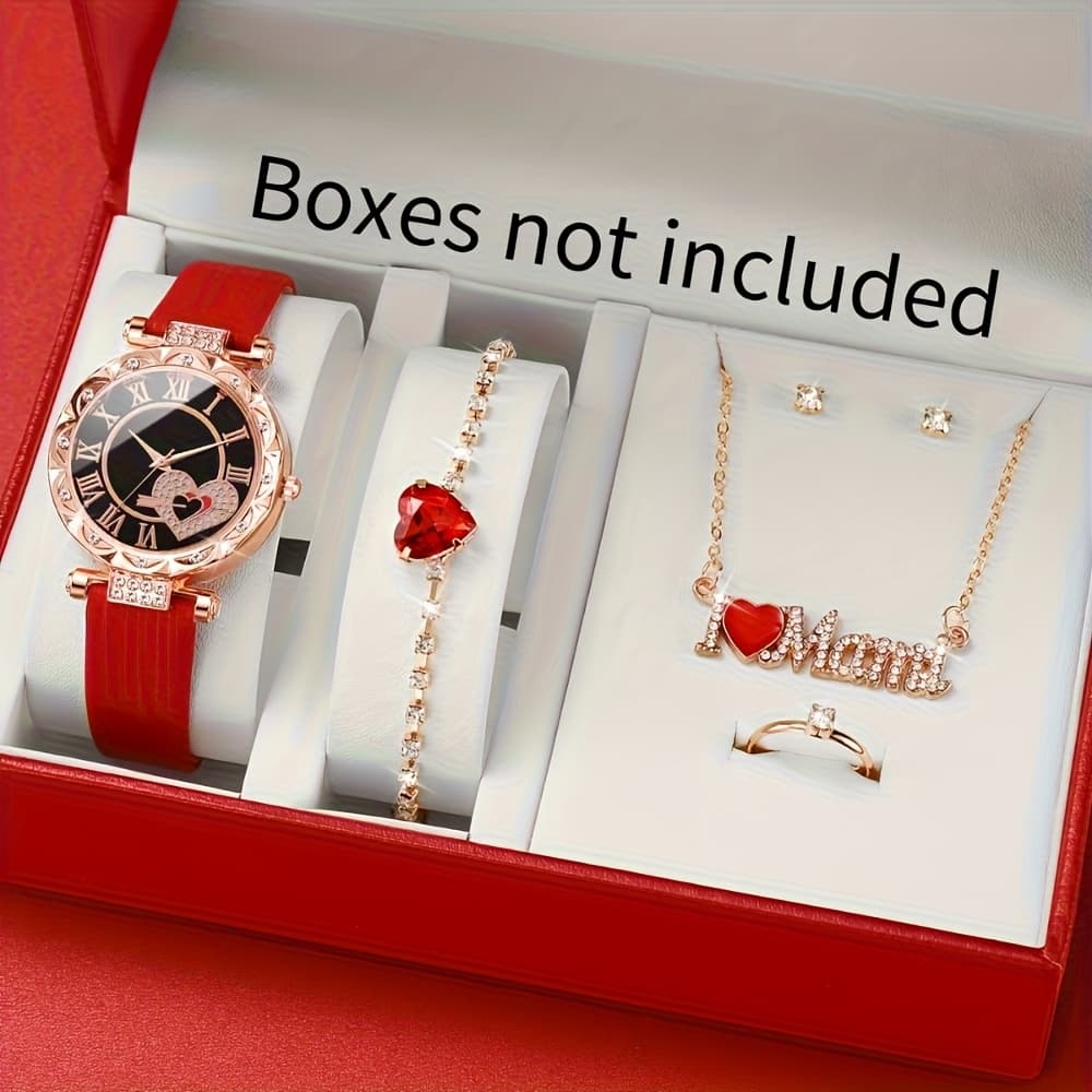TEMU 6pcs/ Set I Love Mom Heart-shaped Quartz Wrist Watch With Red Jewelry Set, With Exquisite And Creative Decoration, A Unique Gift For Thanksgiving, Christmas And Birthday