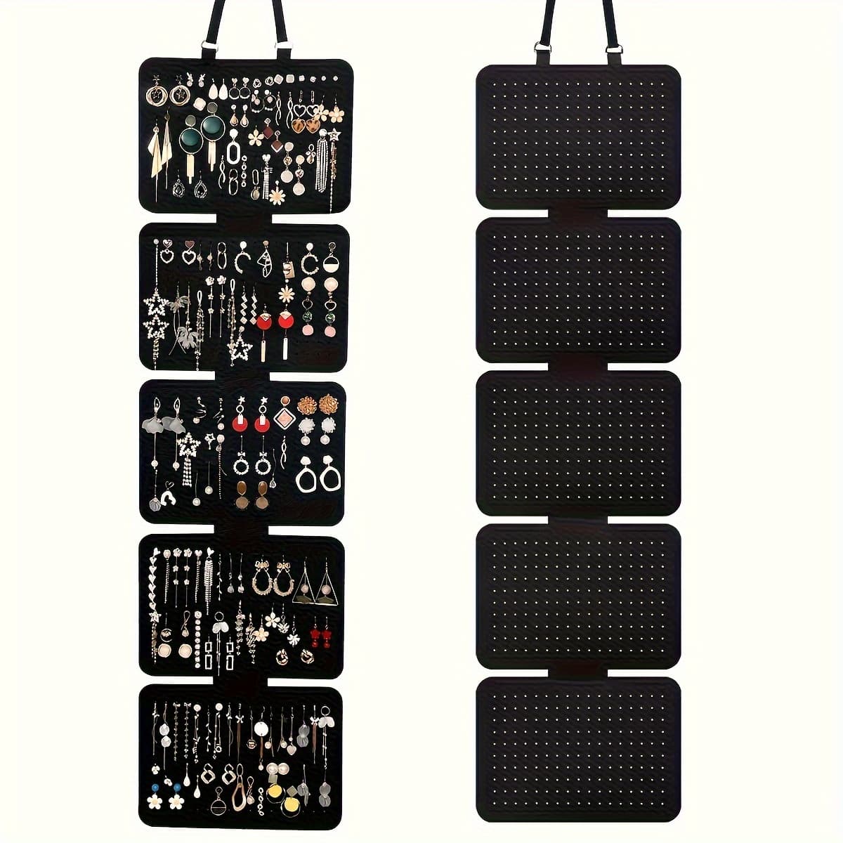 TEMU 1pc Black Felt Jewelry Organizer, 5-tier Hanging Storage Bag, Large Capacity Foldable Earrings Pendants Display, Necklace Bracelet Holder, Multi-functional Badge Medal Pin Showcase With Lanyard