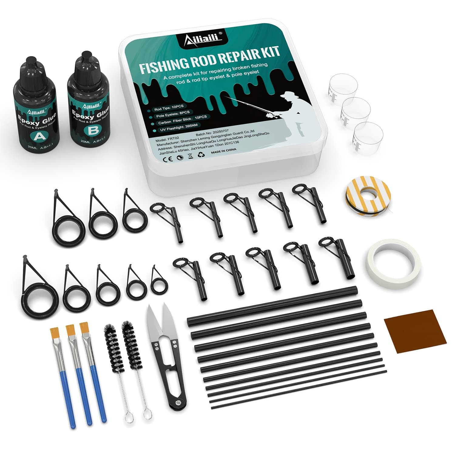 TEMU Rod Tip And Line Guides. A Repair Kit For Damaged Rod Sections, Featuring A Full Replacement Set That Includes Ab Epoxy Resin, Wrapping Thread, And Masking Tape