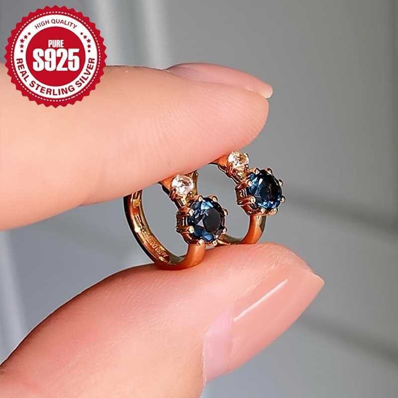 TEMU Pair Of Women's Fashion Earrings, Valentine's Day S925 Silver Exquisite Small Blue Synthetic Zirconia Ear Clips, 1g Low Allergy, Suitable For Daily Wear And Gift For Women