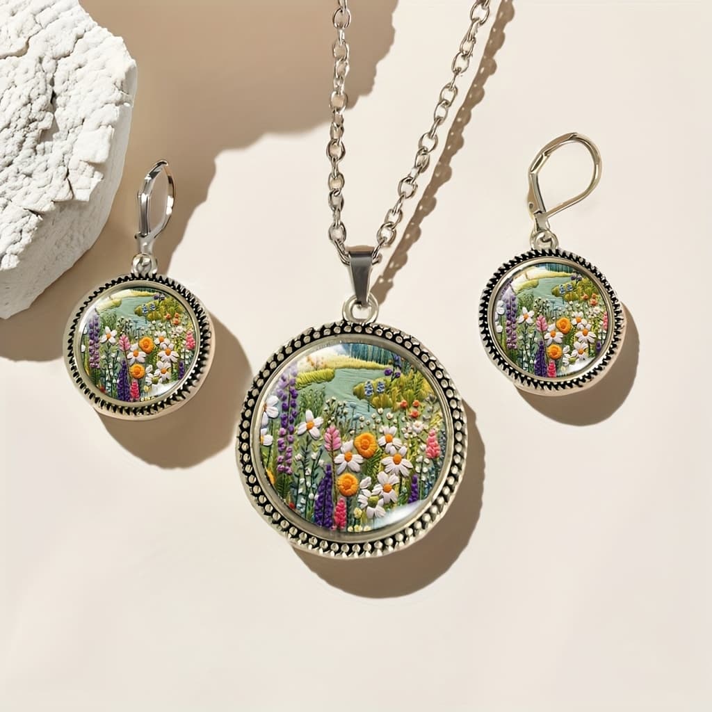 TEMU 3pcs Vibrant Plant And Floral Pattern Jewelry Set, Colorful Flower Pendant Necklace And Earrings, Exquisite Gift