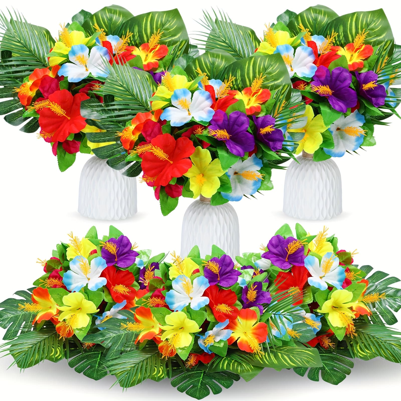 TEMU 12pcs Hawaiian Flower Centerpieces For Tables Artificial Palm Leaves Fake Hibiscus Flowers Tropical Party Decorations Supplies For Luau Bbq Theme Party Birthday Table Decor