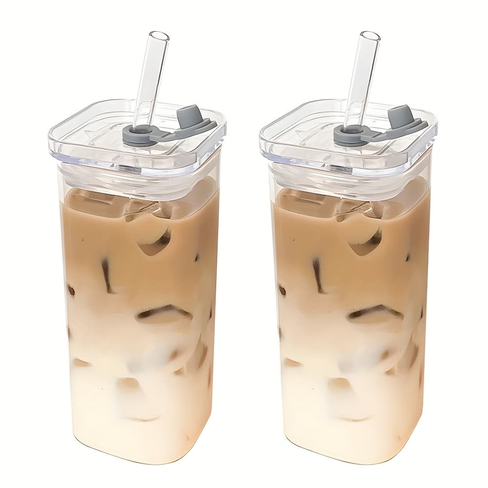TEMU 2pcs 12 Ounce Reusable Glass Travel Cups - Heat-resistant And Resistant, Including Lid And Straw, Hot And Cold Drinks, Outdoor Travel
