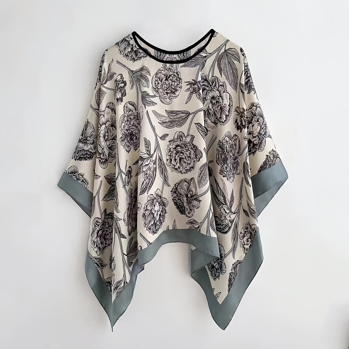 TEMU Elegant Floral Print Pullover Shawl, Round Neck Thin, Perfect For , Dates, Beach, And Festivals