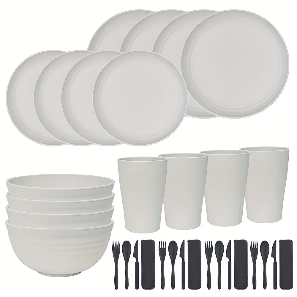TEMU 32pcs Kitchen Plastic Wheat Straw Dinnerware Set, Unbreakable Modern Dish Set - Dinner Plate/dessert Plate/cereal Bowl/cup, For Apartment Essentials, Outdoor Camping,