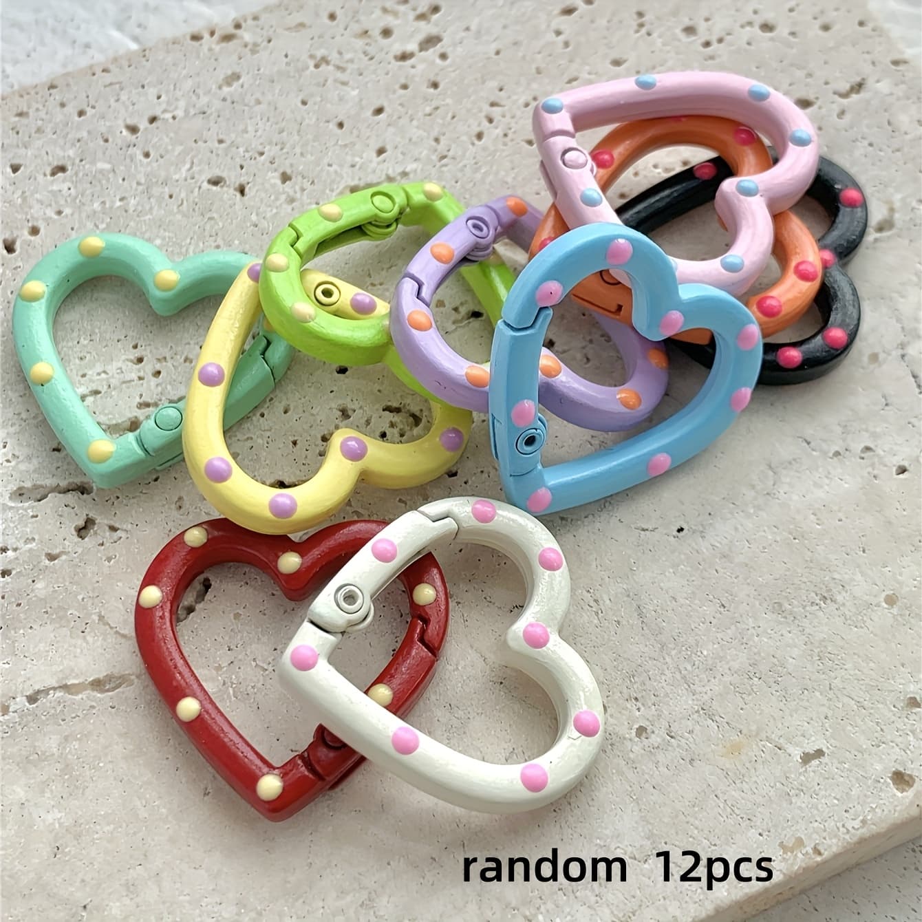 TEMU 12pcs Of Random Color Mixed Heart-shaped Keychains, Double-sided Painted Candy-colored Spring Buckles, Suitable For Handmade Jewelry Making Keychain Bag Packaging Decoration Rings