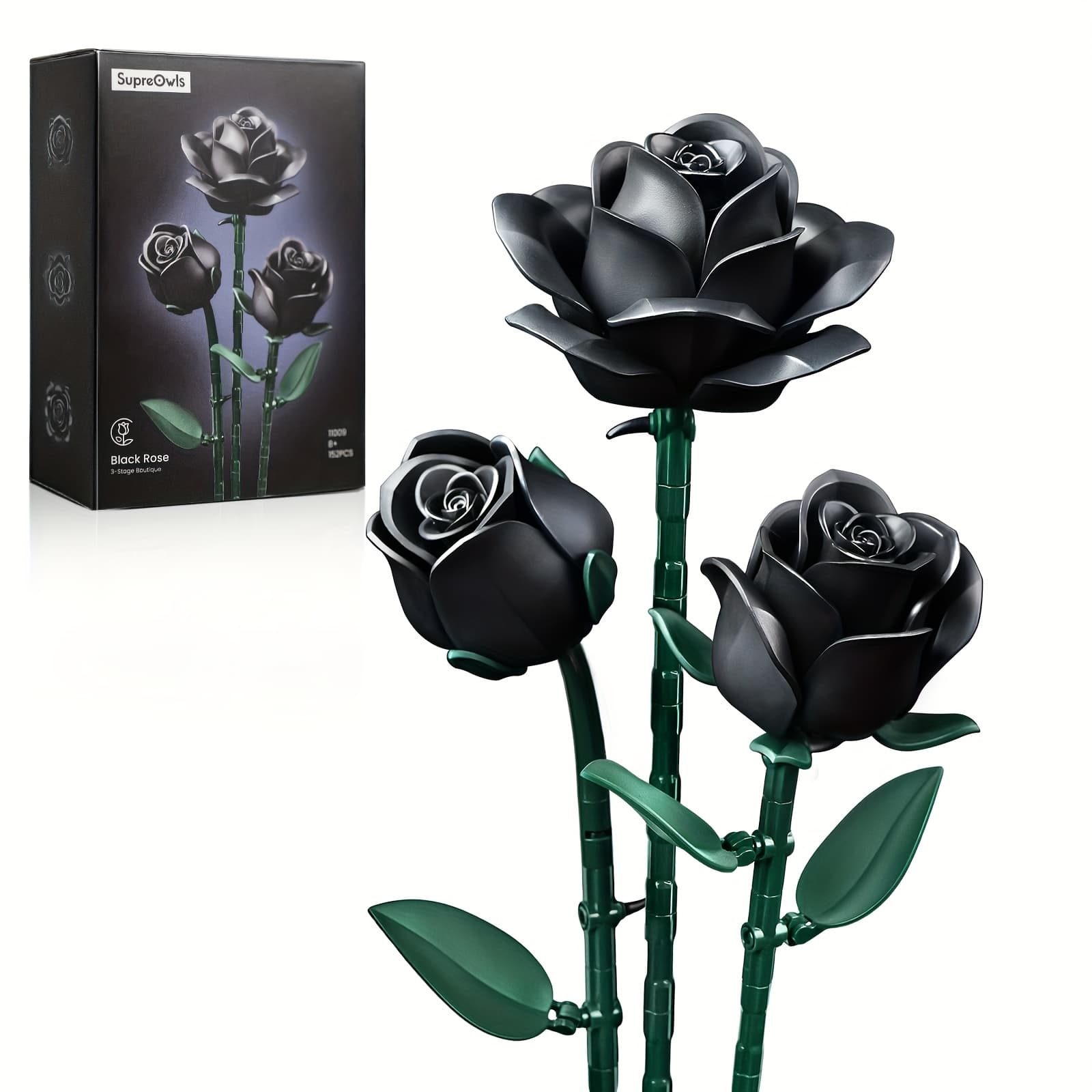 TEMU Special Party Gift Gothic Black Rose Flower Artificial Flower Art Piece Background Bouquet Building Set 3 Rose Building Pieces Set 152pcs