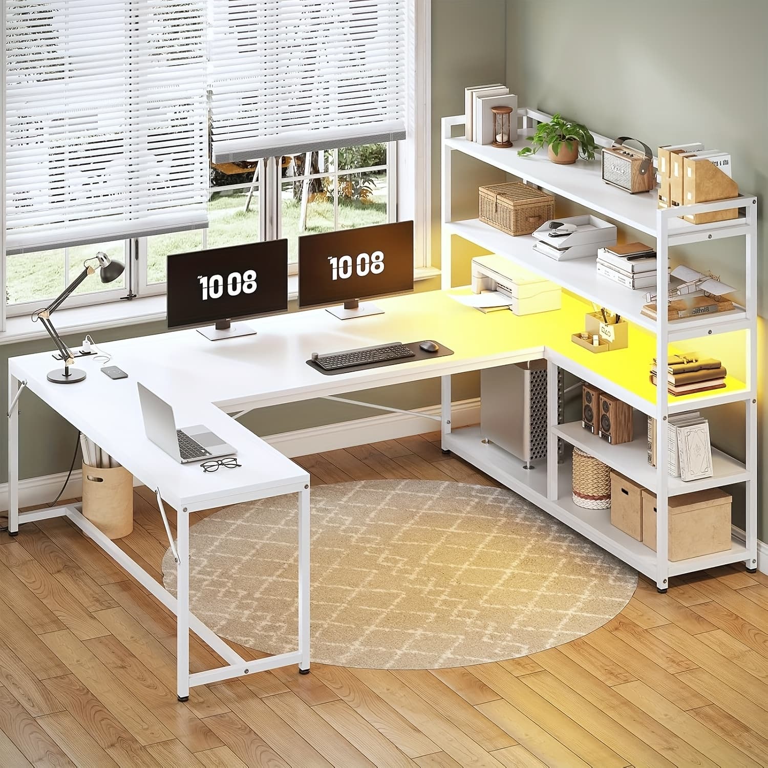 TEMU 63" Reversible U Shaped Office Desk With Led Lights And Storage Shelves, Home Office Computer Desk