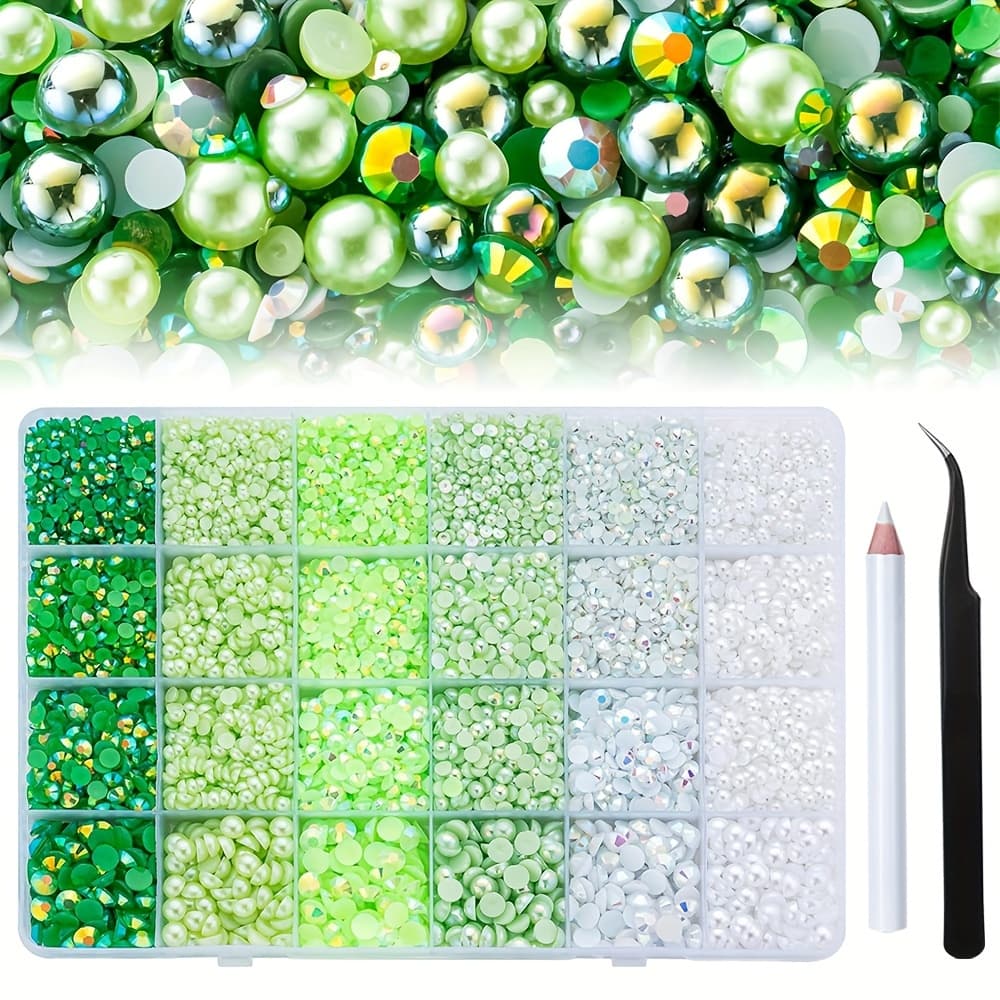 TEMU 14000pcs Back Pearl Rhinestones, Flat Back Pearl And Resin Rhinestones, Suitable For Handicrafts, Tumbler, Shoes, Nails, , 3mm-6mm Resin Semi-pearl And With Tweezers Crayon