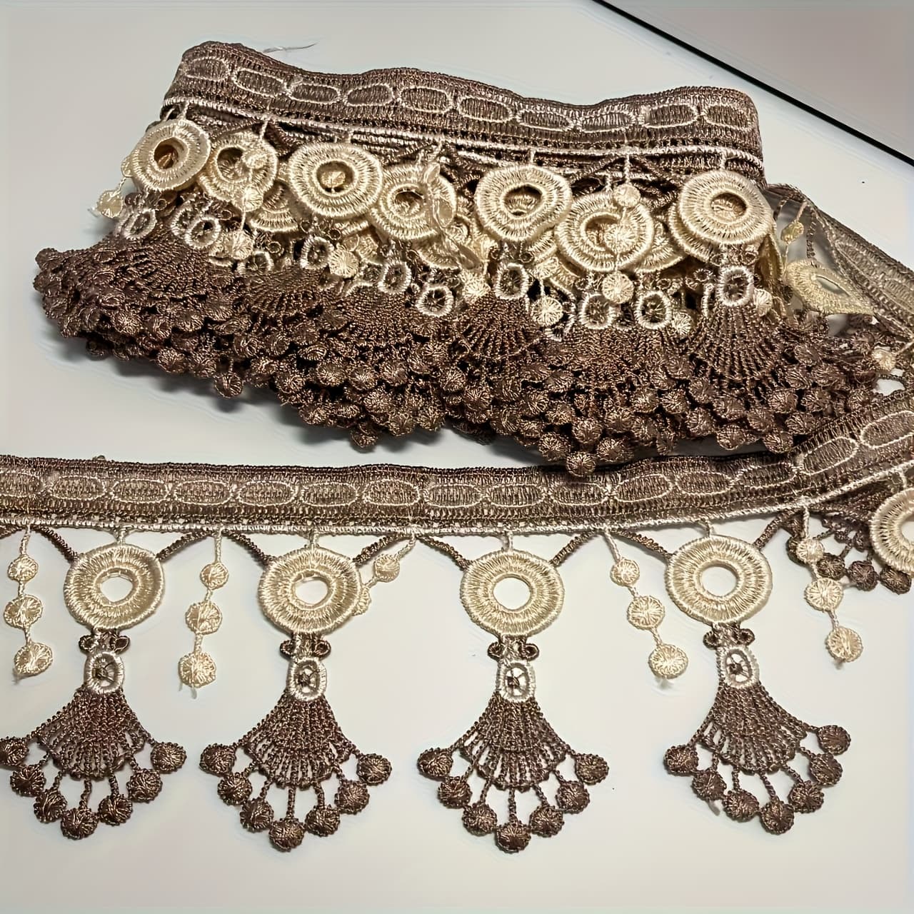TEMU 3-code Two-color Embroidered Tassel Lace Decoration, Intricate Brown And Cream Design, Suitable For Curtains, Sofa Cushions, Tablecloths - Perfect For Crafts And Sewing Projects