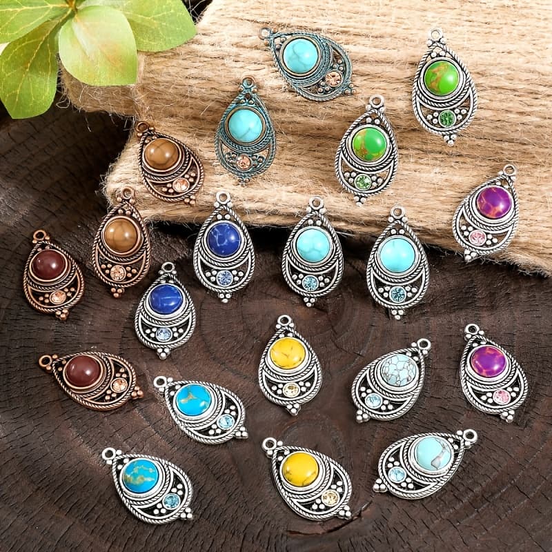 TEMU 20pcs Bohemian Stone Rhinestones-encrusted Teardrop-shaped Alloy Pendants, Earrings, Necklace Jewelry Making Additions