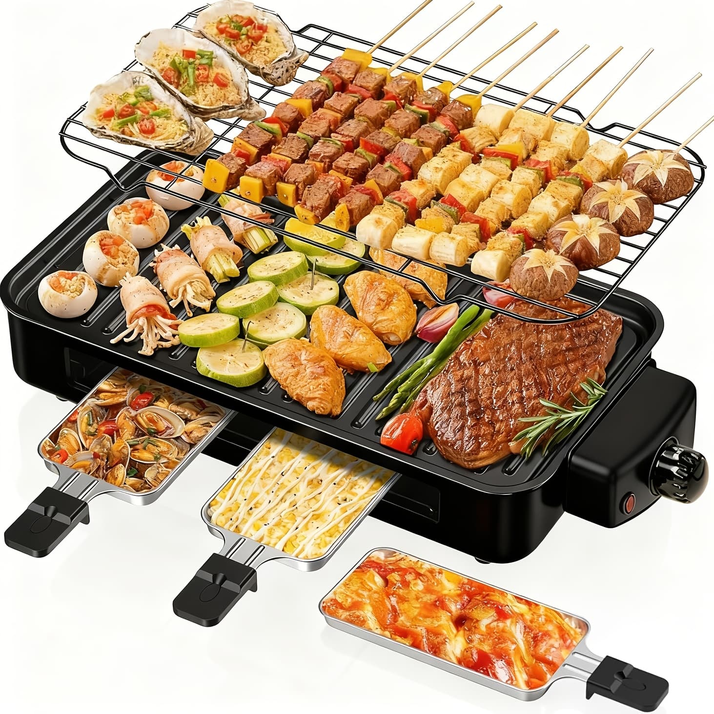 TEMU Indoor/outdoor Electric Grill With Grill Tongs, Grill Skewers, Disposable Gloves, Oil Brush, Smokeless Design, Removable Frying Pan, Removable And Washable, Portable , Dishwasher Safe, 1200w