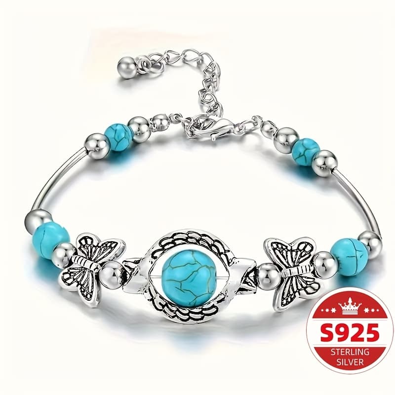 TEMU S925 Sterling Silver Bohemian Style Vintage Turquoise Carved Hollow Geometric Bracelet Adjustable Open Bracelet Couple Bracelet Best Gift Total Weight Of The Product (8.72g)