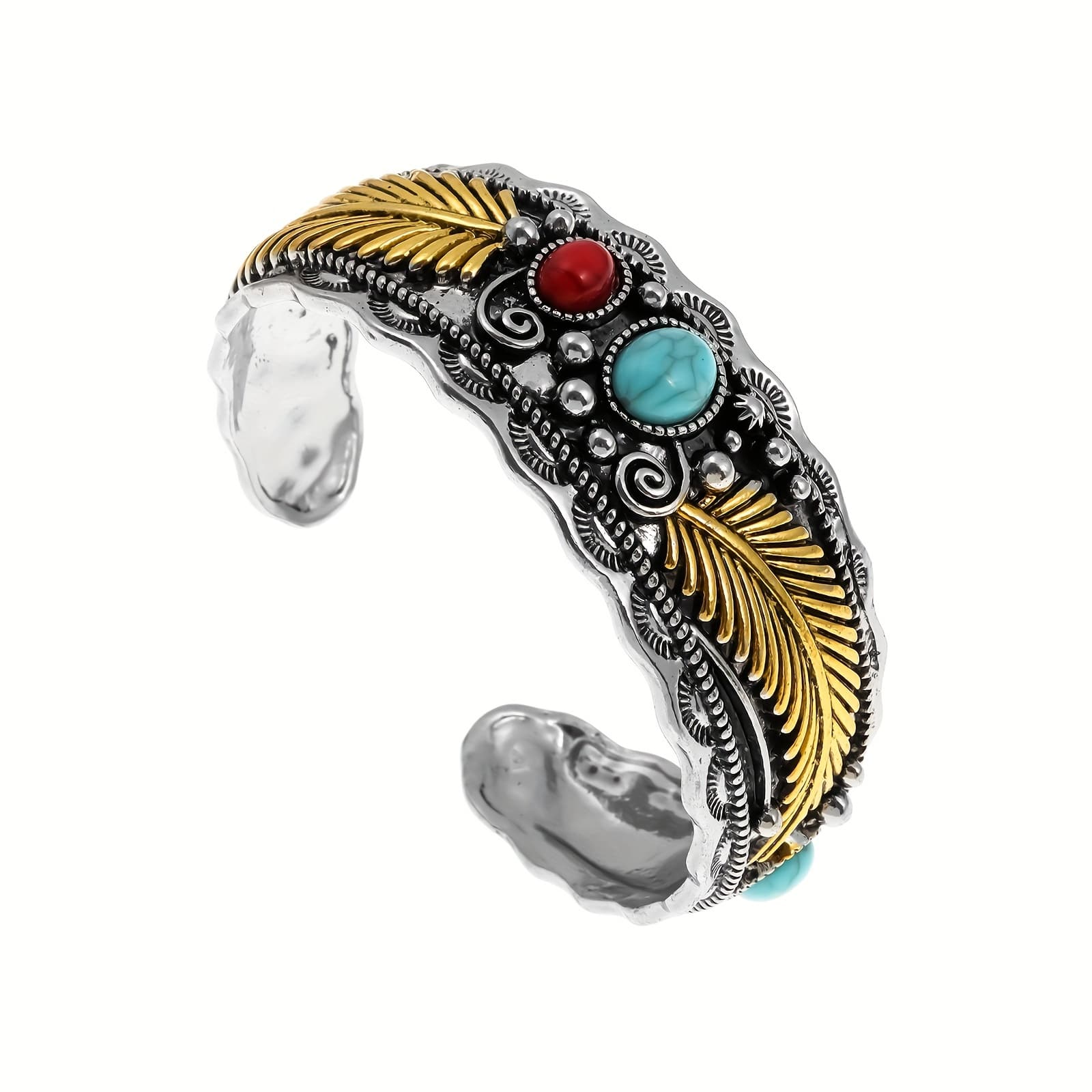 TEMU 1 Men's Open Bangle, Antique Silvery With Turquoise Inlay, Adjustable , Vintage Dark Style, High-end And Versatile
