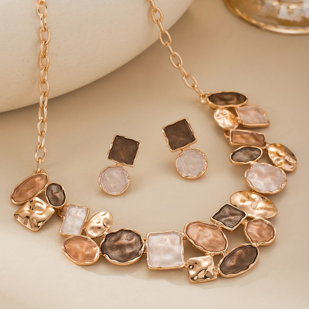 TEMU Alloy Enamel Geometric Figures Necklace And Earrings Jewelry Sets For Women Boho Accessories Gifts For Wedding, Party, Holiday, Graduation Season