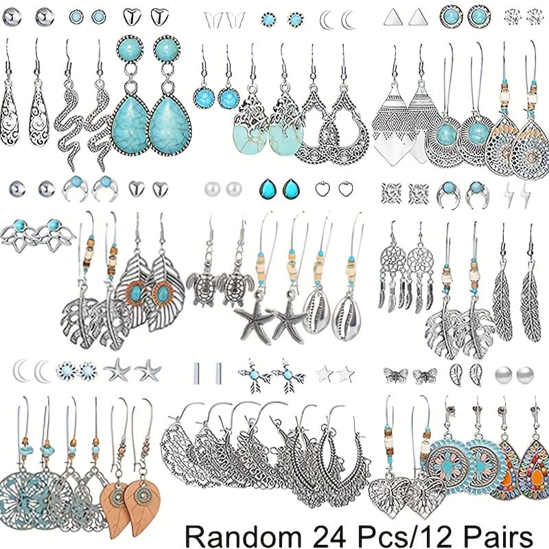 TEMU Random 24/36pcs Set Vintage Bohemian Teardrop Synthetic Turquoise Women's Fashion Dangle Earrings, Elegant Accessories For Daily Wear And Vacation Outfits