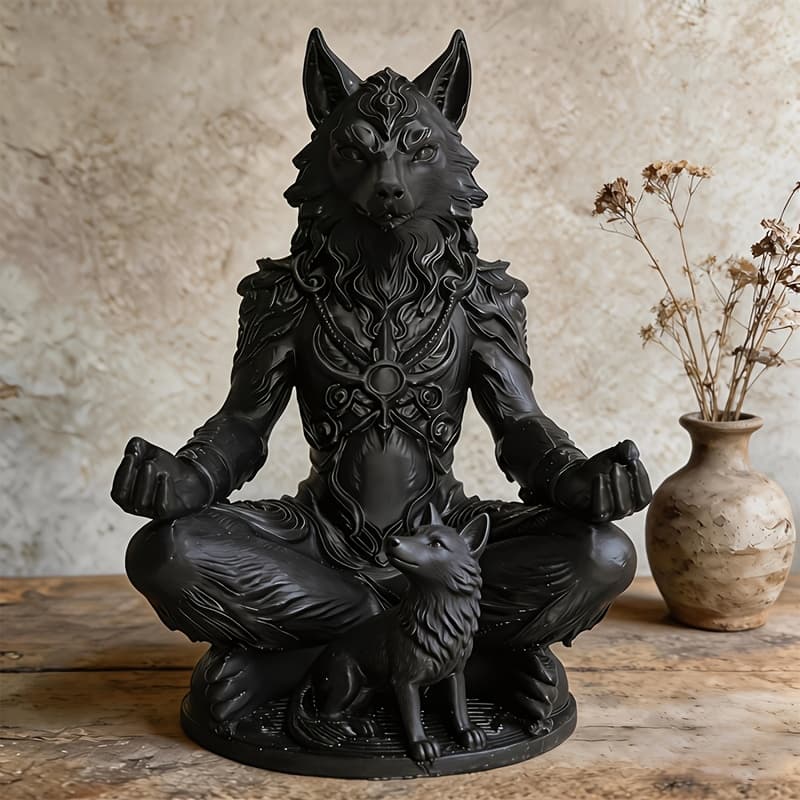 TEMU 1pc Gothic Werewolf And Meditation Statue Decor, Black Meditating Wolf Sculpture, Animal Totem For Living Room Shelf, Eerie /christmas/easter/graduation Season/birthday Gift Collectible