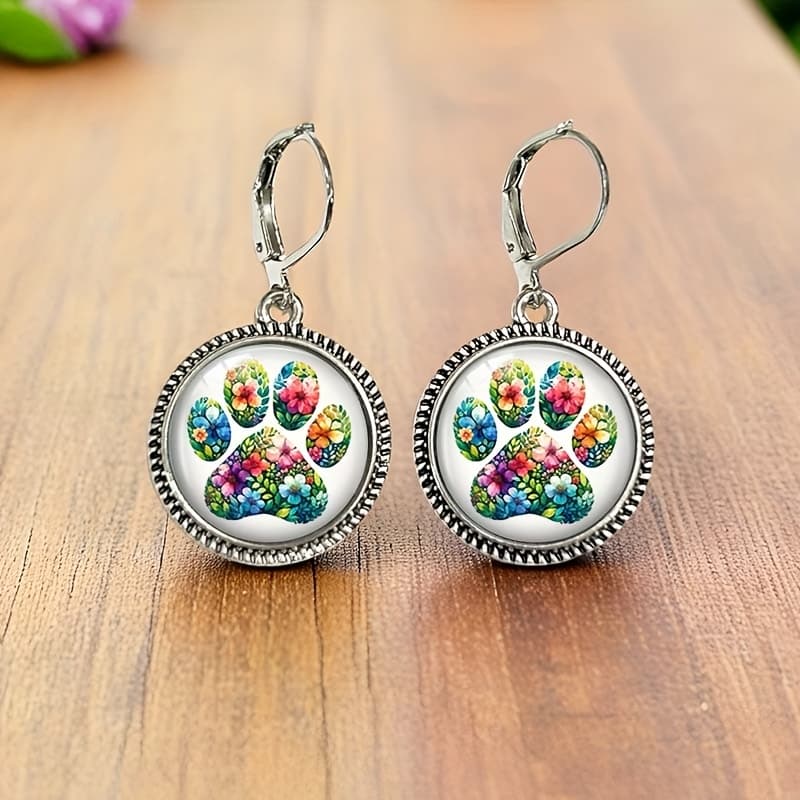 TEMU 1 Pair Flower Cat Paw Retro Earring Round Glass Dome Earrings