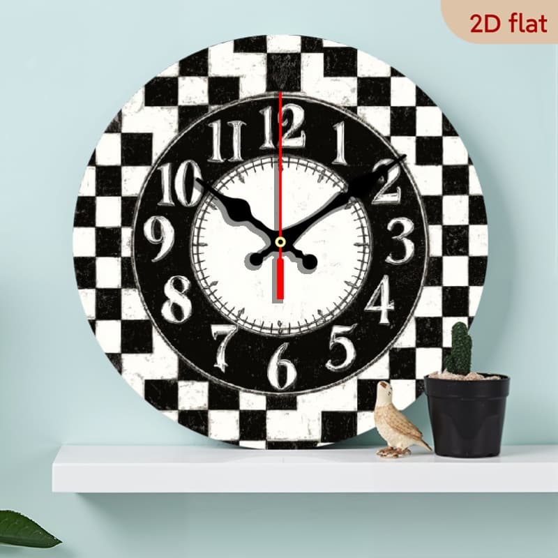 TEMU 10-inch Rustic Wall Clock - Buffalo Black & White Plaid Wood Round Silent Non-ticking Battery- Retro Decorative Clock Suitable For Home, Cafe, Office - Unique Gift Idea For &, 2d Flat