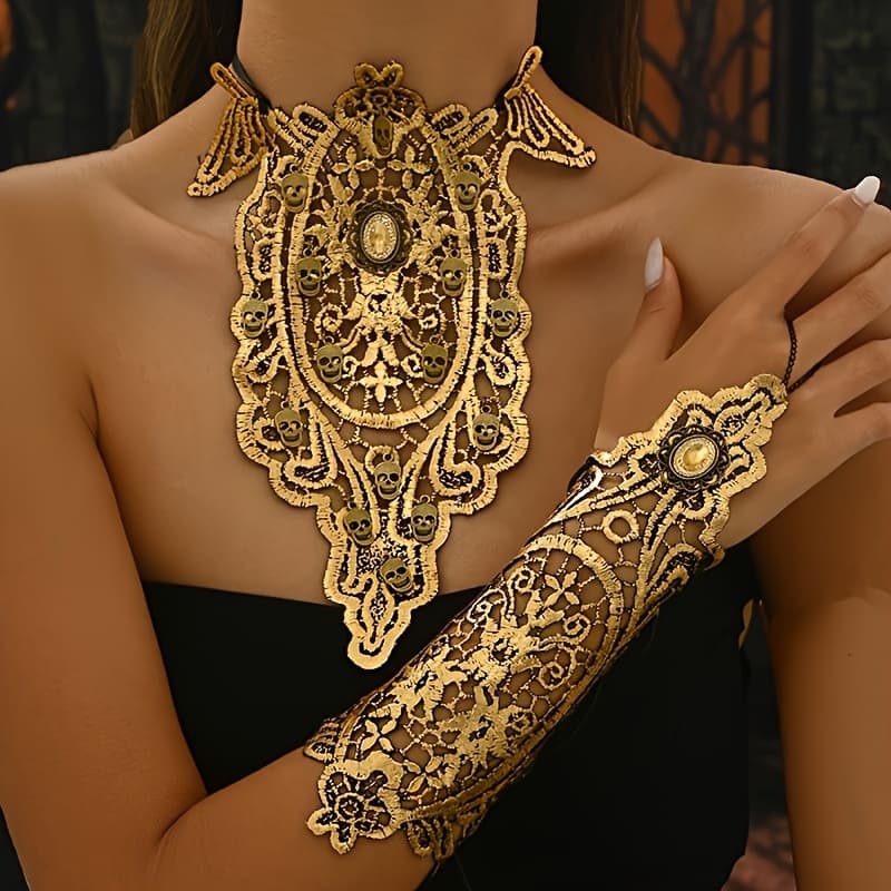 TEMU 2pcs Halloween Gothic Exaggerated Hollow-out Lace Skull Bracelet And Necklace Set For Women