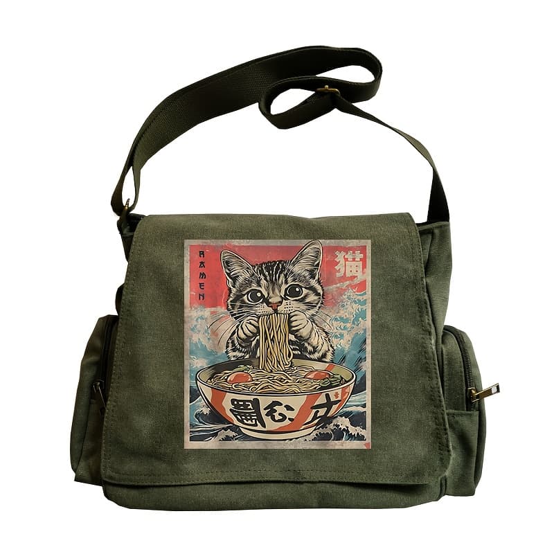 TEMU Large Capacity Shoulder Bag, Vintage Tote Crossbody Single Shoulder Bag, Messenger Bag Tutoring Bag, Cat Eating Ramen Print, Suitable For Scene Needs, Outdoor Shopping Travel Dining, For Gifts
