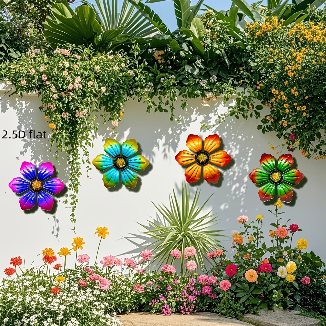 TEMU 4pcs Set Of Colorful Metal Floral Wall Art, Iron Decor - Perfect For Garden, Patio, Living Room, Bedroom, Balcony & Outdoor Fence Decoration - Ideal Gift For