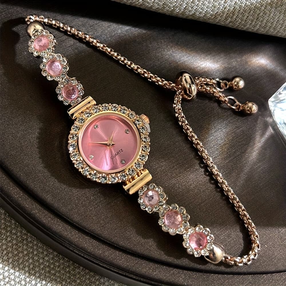 TEMU [fashion Accessory] Elegant Rose Women's Bracelet Watch - With Accents, Adjustable Link Chain, Alloy Case & Band, Non, Button Battery Operated