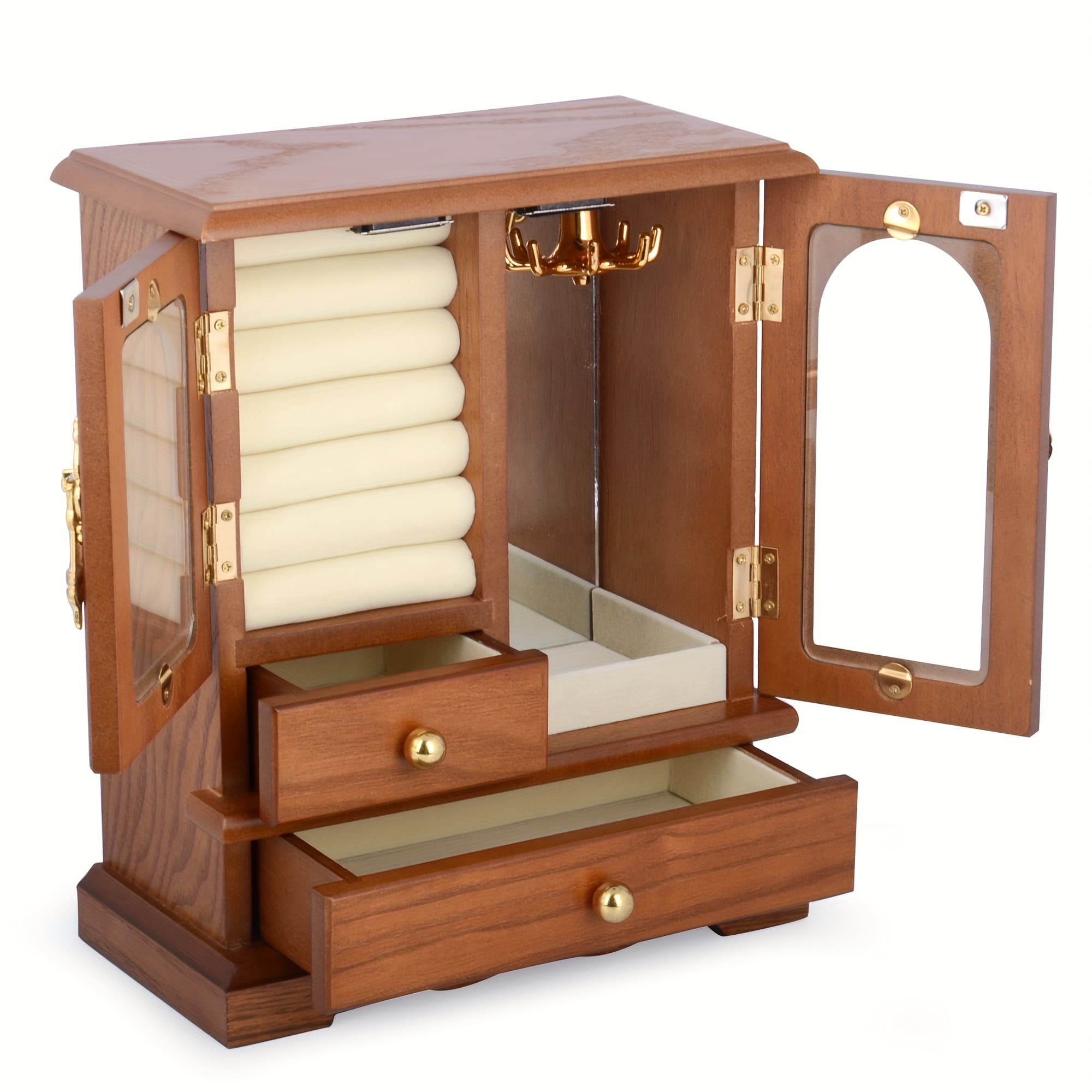 TEMU Women's Oak Wood Jewelry Box - Stylish Organizer With Mirror And Side Doors - Great Graduation And Gift For Necklaces, Earrings, Rings, Jewelry Boxes